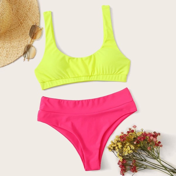

Neon Yellow Scoop Neck Top With Panty Bikini Set, Multicolor bright
