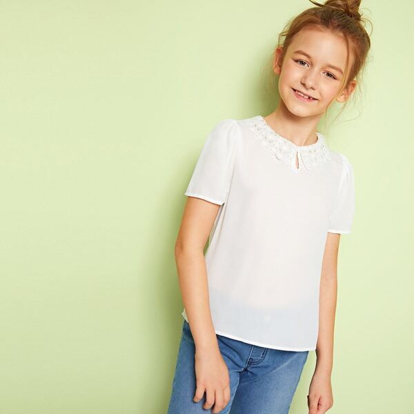 

Girls Keyhole Front Contrast Lace Collar Top