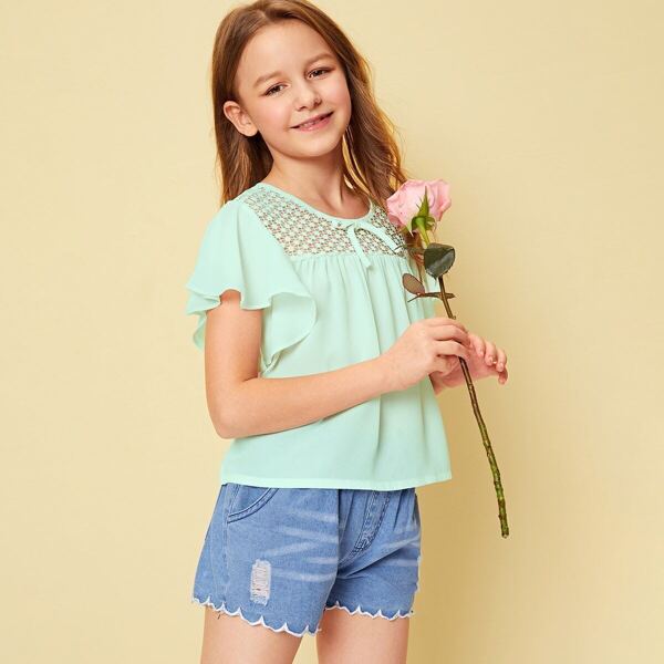 

Girls Tie Front Lace Yoke Top