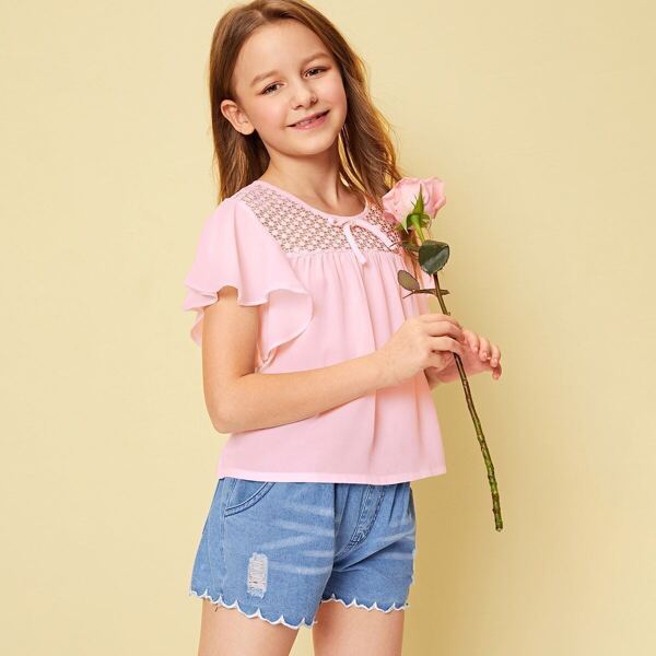 

Girls Guipure Lace Yoke Butterfly Sleeve Blouse