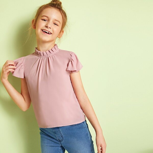 

Girls Pleated Mock-neck Flutter Sleeve Blouse
