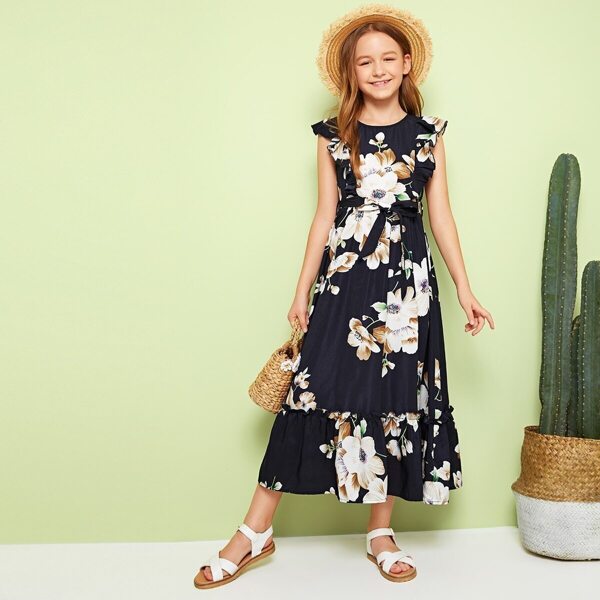 

Girls Floral Print Ruffle Armhole Belted Dress, Navy