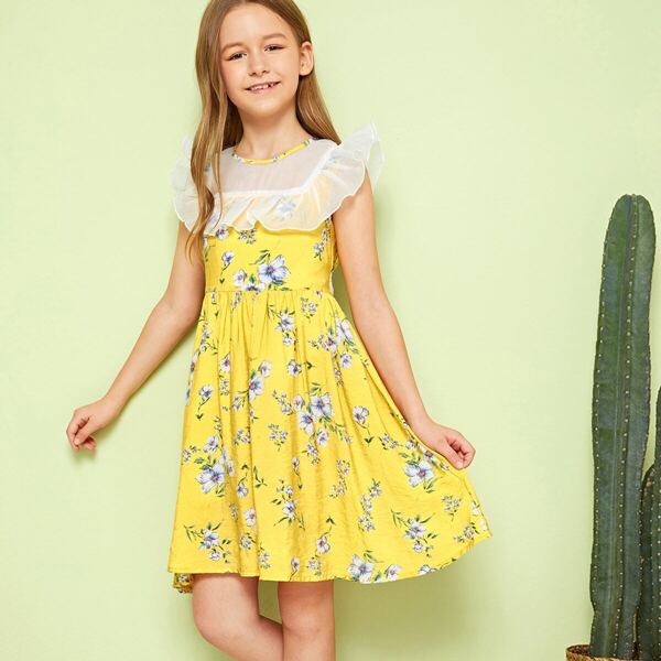 

Girls Ruffle Mesh Yoke Tie Back Floral Dress, Yellow