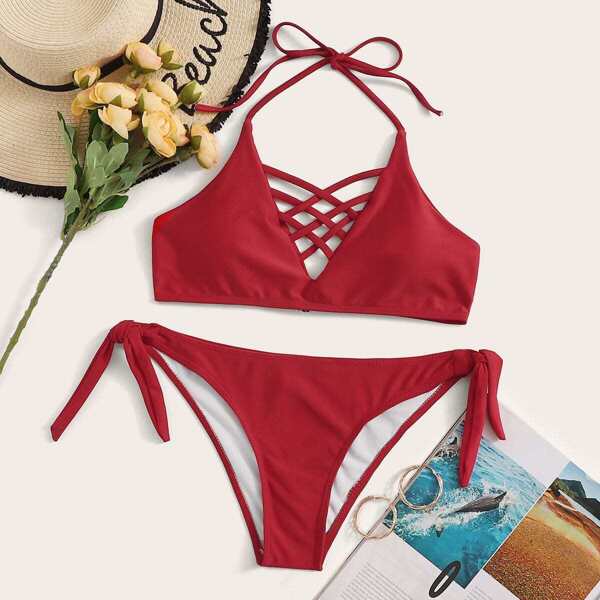 

Lattice Halter Top With Tie Side Bikini Set, Red