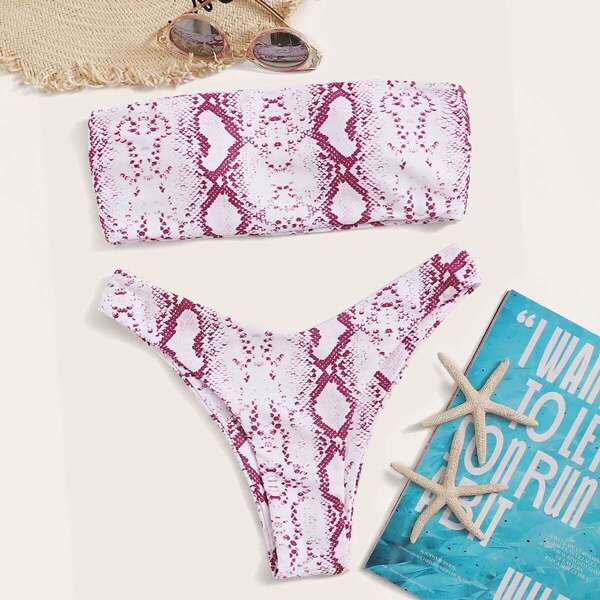 

Snakeskin Bandeau Top With High Leg Bikini Set