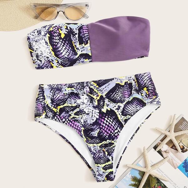 

Snakeskin Bandeau With High Waist Bikini Set, Multicolor pastel