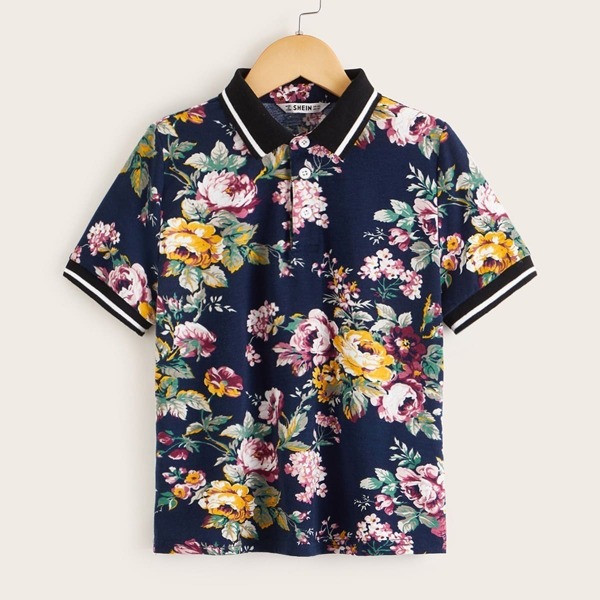 

Boys Floral Print Striped Ringer Polo Shirt