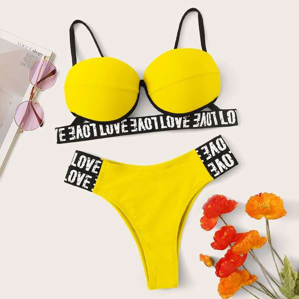 

Letter Tape Underwired Top With Cut-out Bikini Set