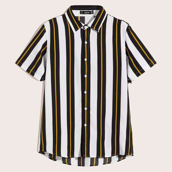 

Men Button Up Notched Striped Shirt, Multicolor