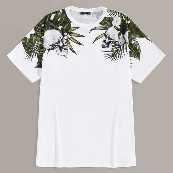 

Men Halloween Tropical & Skull Print Top