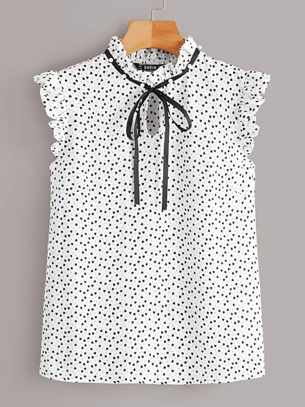 

Tie Neck Pearl Beaded Ruffle Top, White
