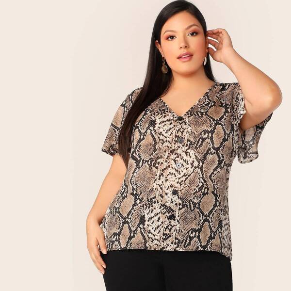 

Plus Flutter Sleeve Snakeskin Tunic Top, Multicolor