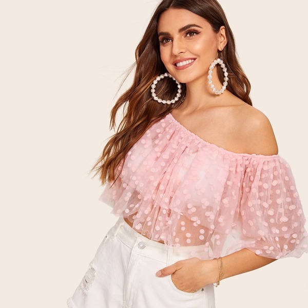 

Asymmetrical Shoulder Layered Ruffle Mesh Top, Pink