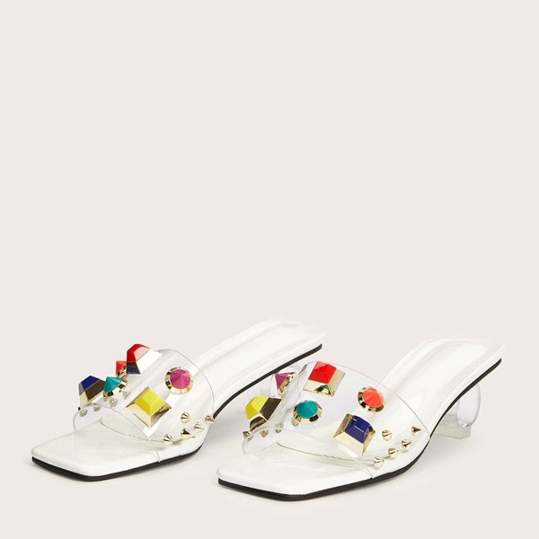 

Studded Decor Clear Heeled Mules, White clear