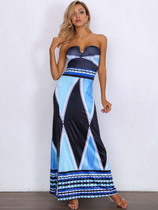

Joyfunear Color-block Split Thigh Maxi Tube Dress, Multicolor