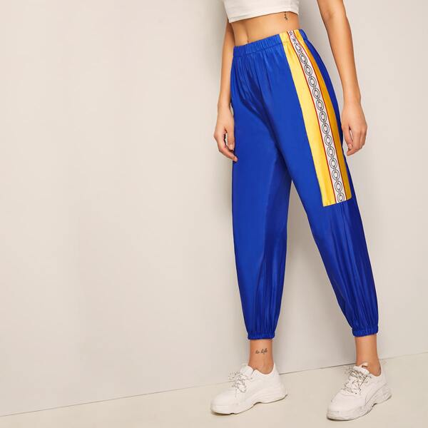 

Elastic Waist Contrast Chain Print Side Pants
