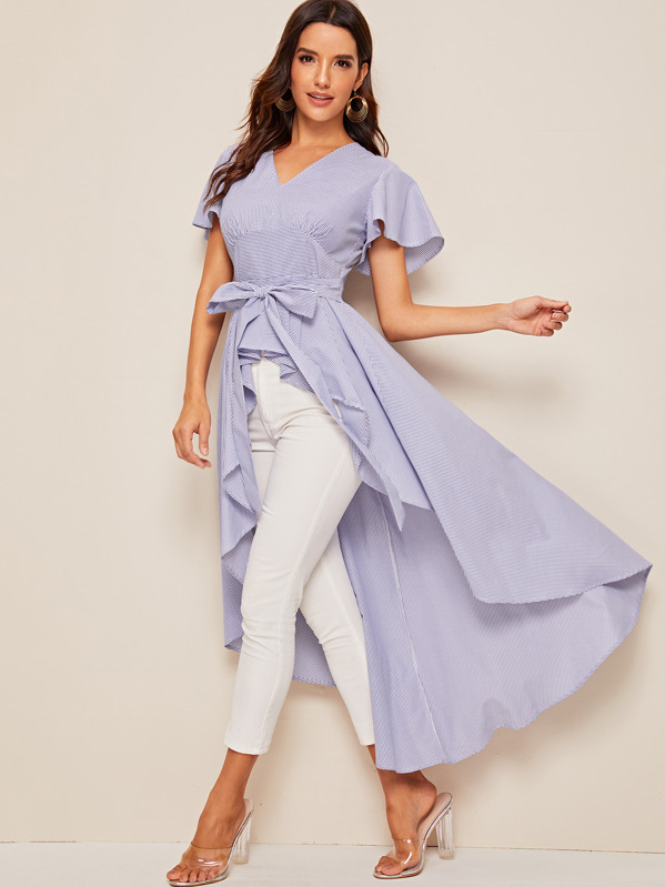 

Flutter Sleeve Self Belted Dip Hem Striped Top, Blue, Juliana