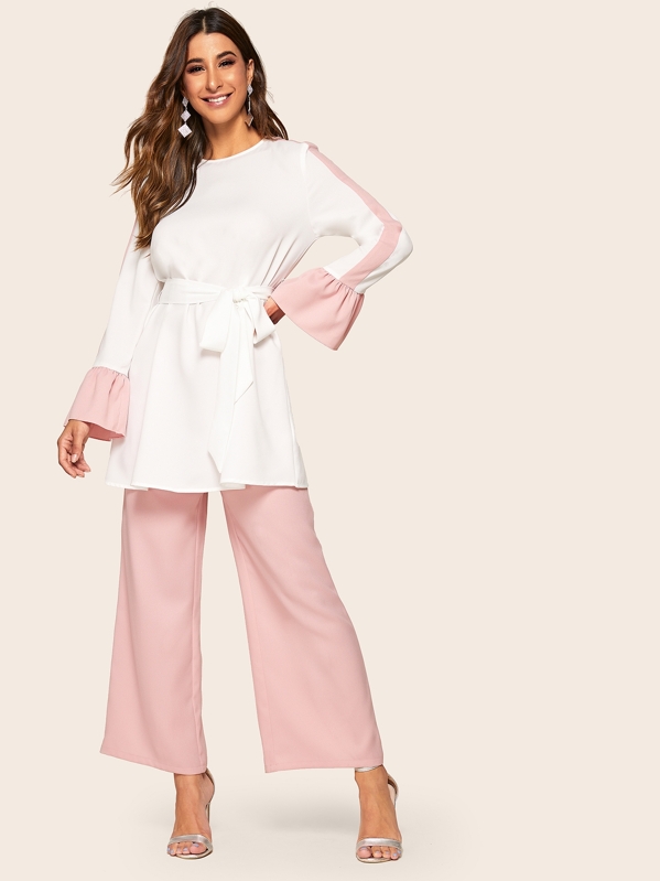 

Two Tone Self Belted Top and Palazzo Pants Set, Multicolor, Gabe