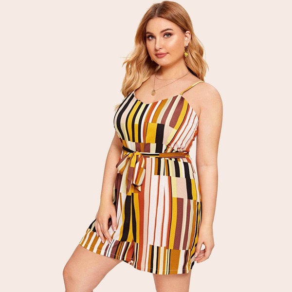

Plus Striped Self Tie Cami Romper