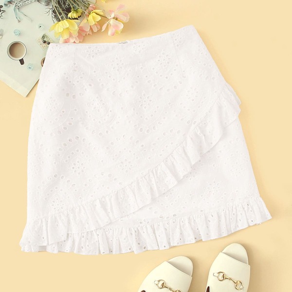 

Plus Eyelet Embroidered Ruffle Hem Skirt, White