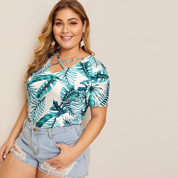 

Plus Tropical Print Criss Cross Tee, Multicolor