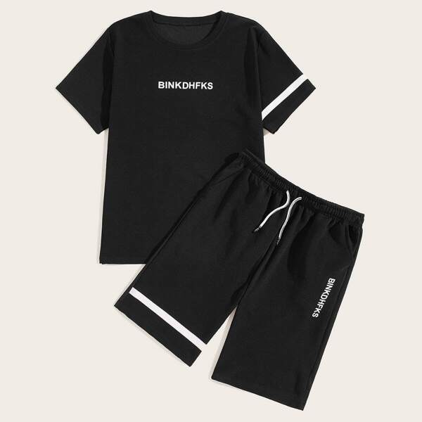 

Men Letter Print Tee With Drawstring Waist Shorts