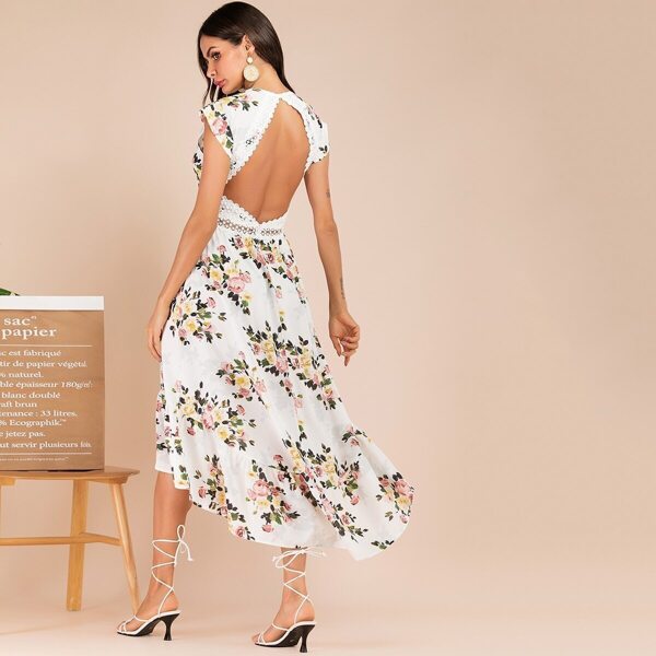 

Floral Print Contrast Lace Backless Dress, White
