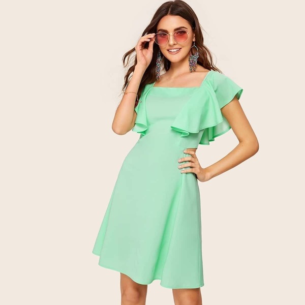 

Square Neck Ruffle Trim Cut Out Swing Dress