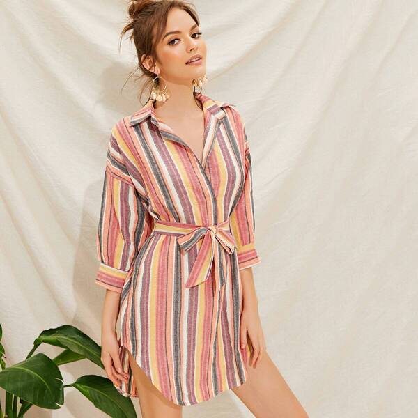 

Colorful Striped Belted Notched Shirt Dress, Multicolor