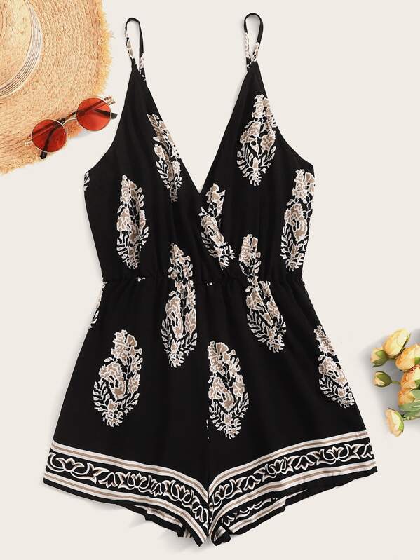 

Aztec Print Surplice Cami Romper, Black