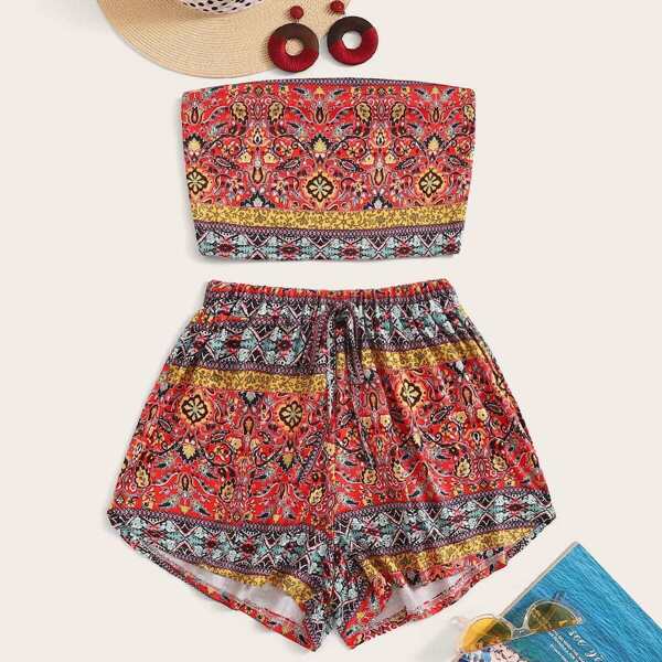 

Aztec Print Bandeau Top With Drawstring Waist Shorts, Multicolor