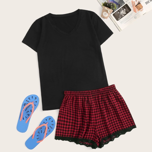 

V-neck Top & Gingham Shorts PJ Set, Multicolor