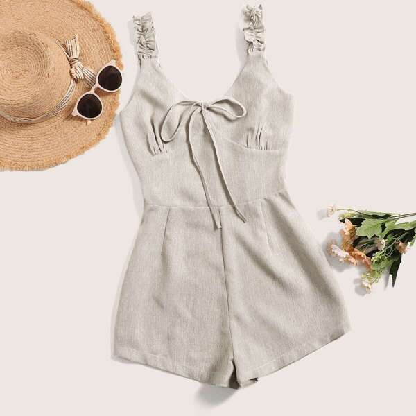 

Tie Neck Shirred Back Cami Romper, Khaki