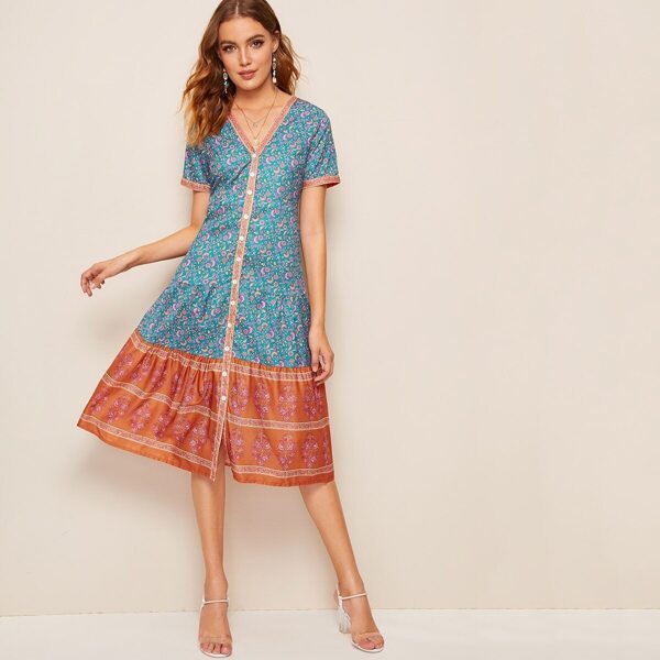 

Tribal Ditsy Floral Button Front Dress, Multicolor