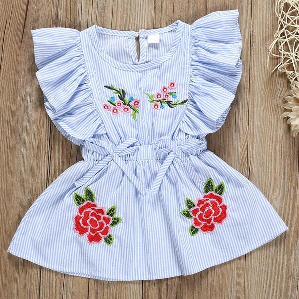 

Toddler Girls Floral Embroidery Bow Front Striped A-line Dress, Blue