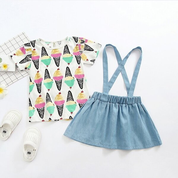 

Toddler Girls Ice Cream Print Tee With Straps Skirt, Multicolor
