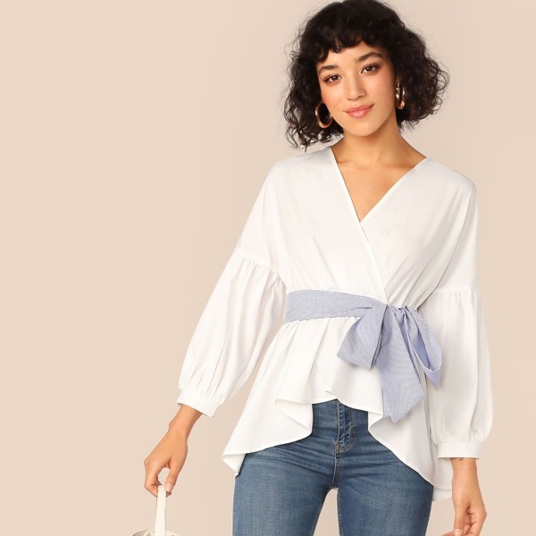 

Lantern Sleeve Striped Belt Wrap Top