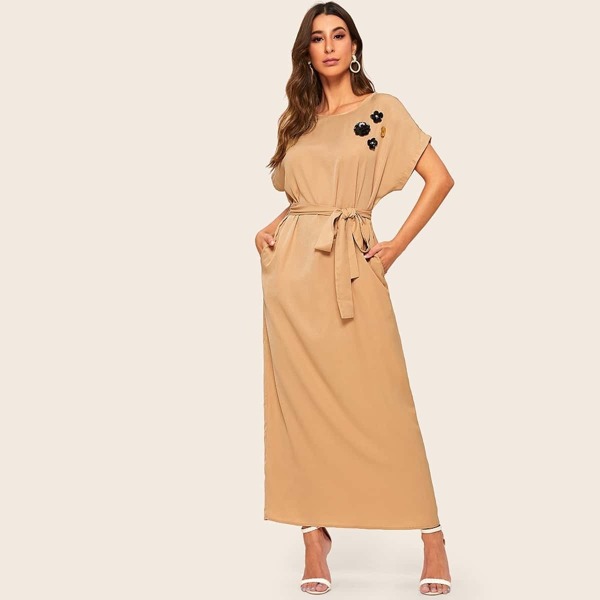 

3D Applique Self Belted Hijab Dress, Khaki