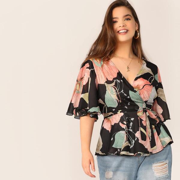 

Plus Flower Print Butterfly Sleeve Belted Wrap Blouse, Multicolor