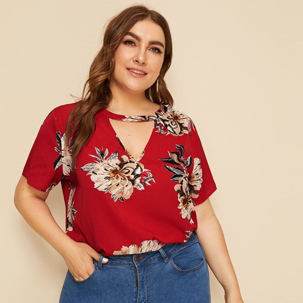 

Plus Choker Neck Flower Print Blouse, Burgundy