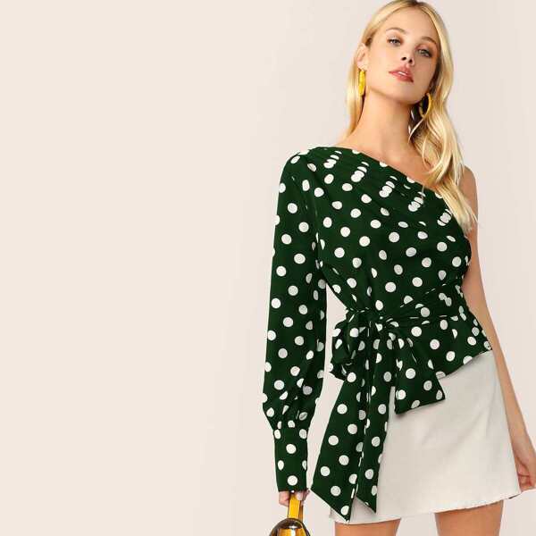 

Polka Dot Asymmetrical Neck Tie Side Blouse