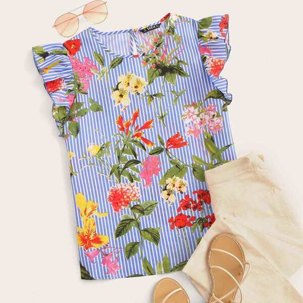 

Floral and Striped Ruffle Armhole Top, Blue