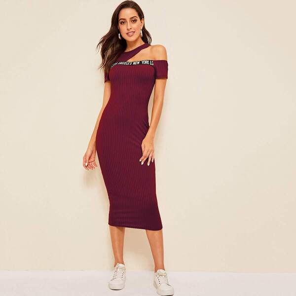 

Asymmetrical Neck Lettering Rib-knit Pencil Dress, Burgundy