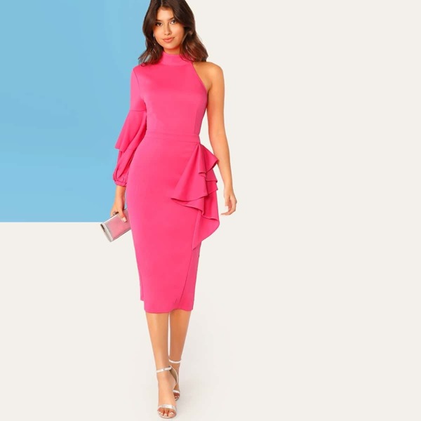 

Neon Pink One Shoulder Exaggerated Ruffle Pencil Dress, Pink bright