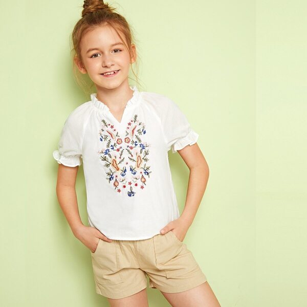 Girls Frilled Trim Flower Embroidered Top