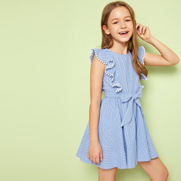 

Girls Ruffle Armhole Flippy Hem Belted Striped Dress, Blue