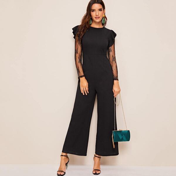 

Mesh Shoulder Ruffle Armhole Wide Leg Jumpsuit