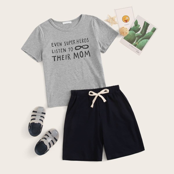 

Boys Slogan Print Tee & Drawstring Waist Shorts Set, Multicolor