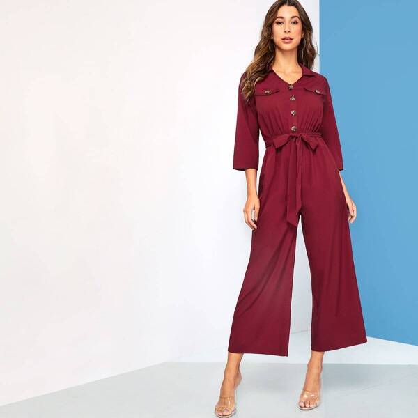 

Patched Pocket Button Up Self Belted Jumpsuit, Burgundy