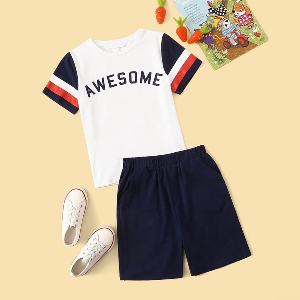 

Boys Color-block Letter Print Tee & Shorts Set